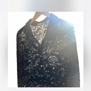 Black Burn Out Floral Velvet Button-up Blouse Silk-blend Long-sleeved XL